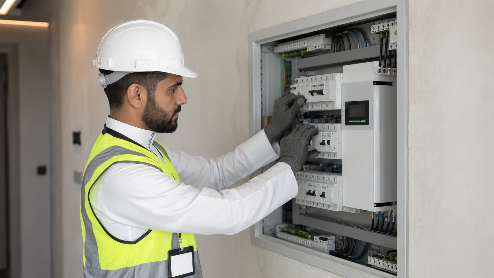 برنامج إدارة أعمال الكهرباء — كهربائي سعودي في موقع عمل