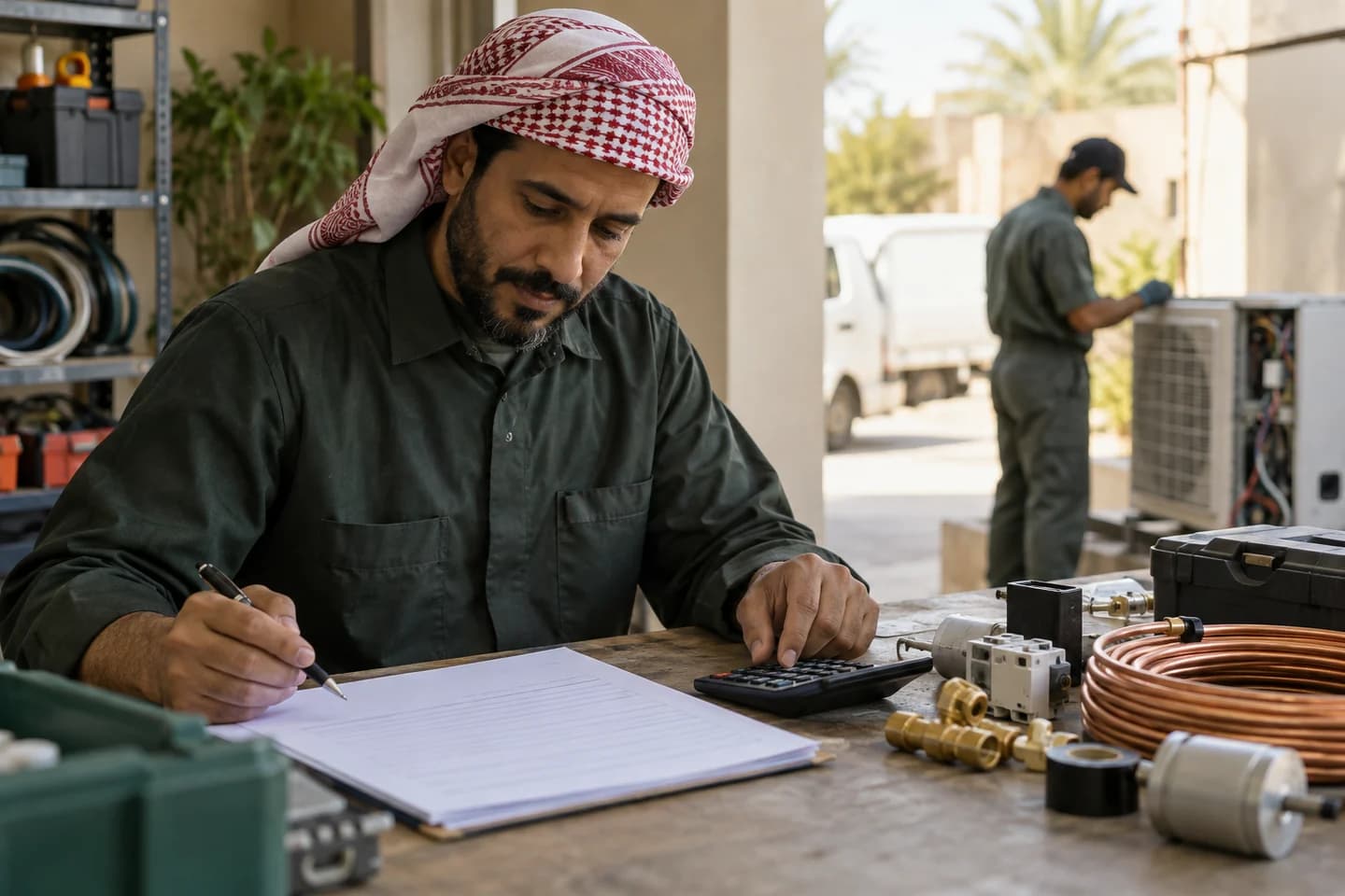 مشهد توضيحي لصاحب منشأة خدمات يحسب تكلفة العمل قبل إرسال عرض السعر