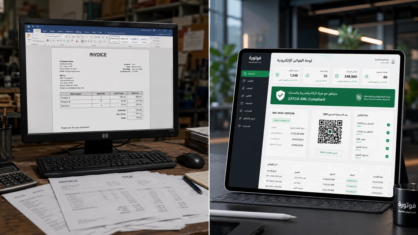 مقارنة قالب فاتورة Word وExcel بنظام فوترة إلكترونية متوافق في السعودية