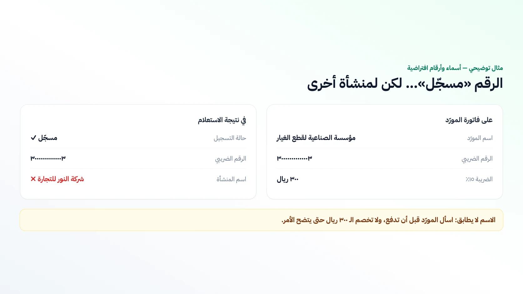 مطابقة الرقم الضريبي واسم المورّد على فاتورة قطع الغيار مع نتيجة الاستعلام لحماية ضريبة المدخلات