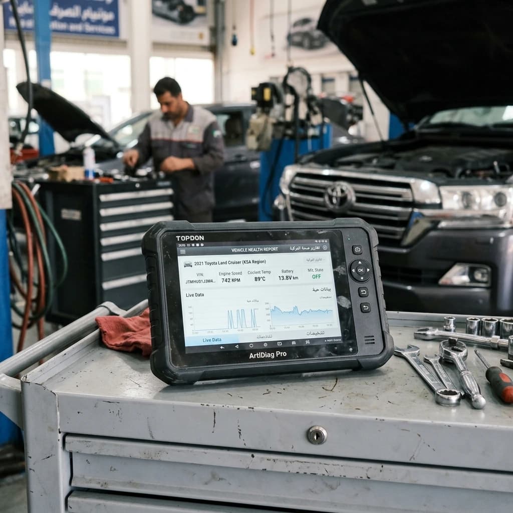 Toyota Land Cruiser diagnostic system in Saudi workshop